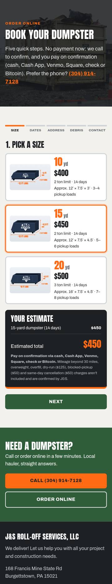 J&S Roll-Off online order page